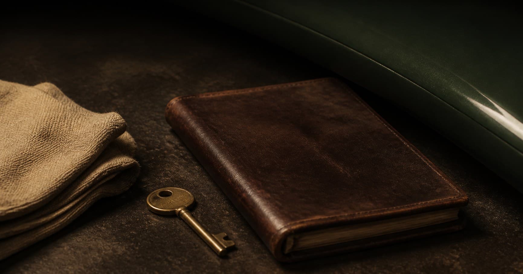 A leather-bound logbook, a brass key, and a folded shop cloth beside a dark green fender